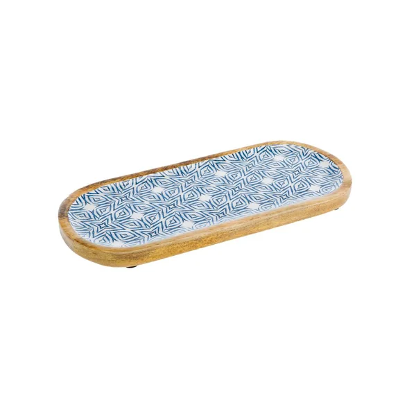 Plateau ovale en bois de manguier émaillé décor graphique blanc/bleu - 46 x 25 cm