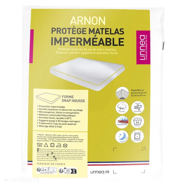 Protège matelas imperméable ARNON 90x190 cm bonnet 50 cm molleton 100% coton contrecollé polyuréthane