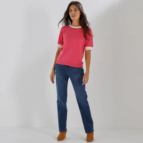 Pull bicolore col rond, manches courtes, rose / écru