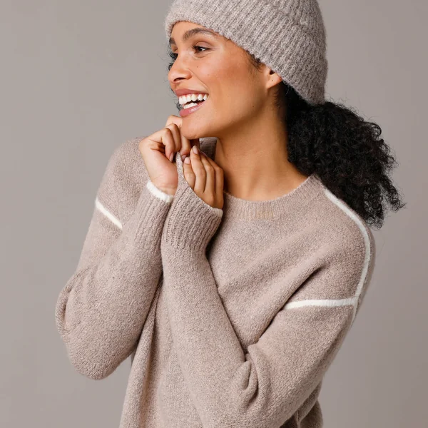 Pull bicolore en maille moelleuse , beige chiné