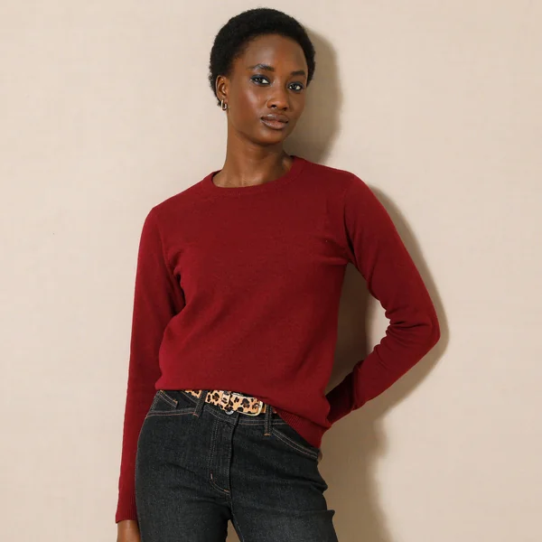Pull col rond, laine d'agneau, bordeaux