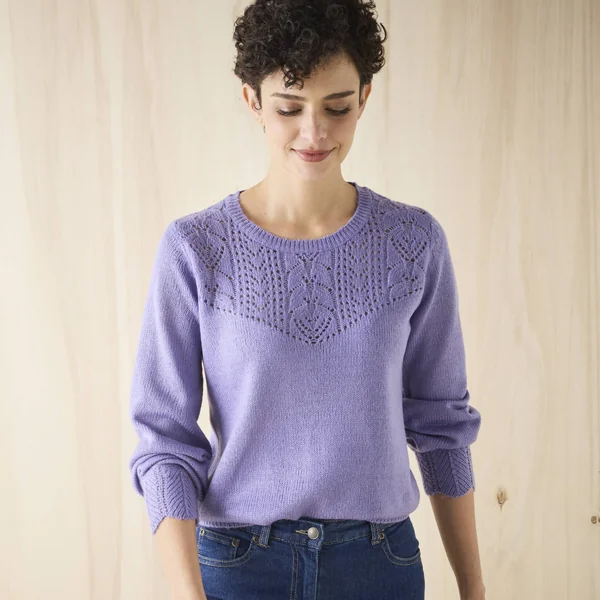 Pull col rond maille ajourée, toucher doux, parme