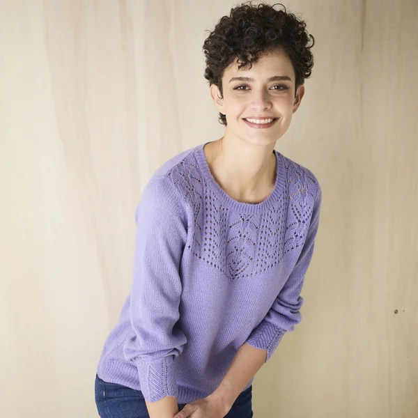 Pull col rond maille ajourée, toucher doux, parme