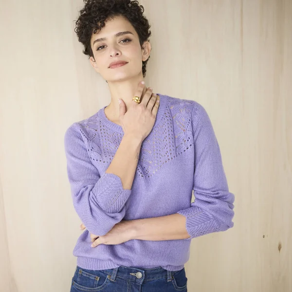 Pull col rond maille ajourée, toucher doux, parme