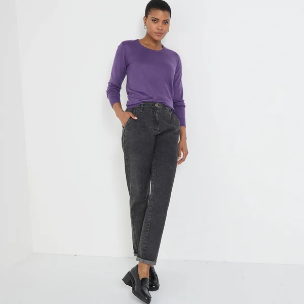 Pull col rond uni, manches longues, toucher doux, aubergine