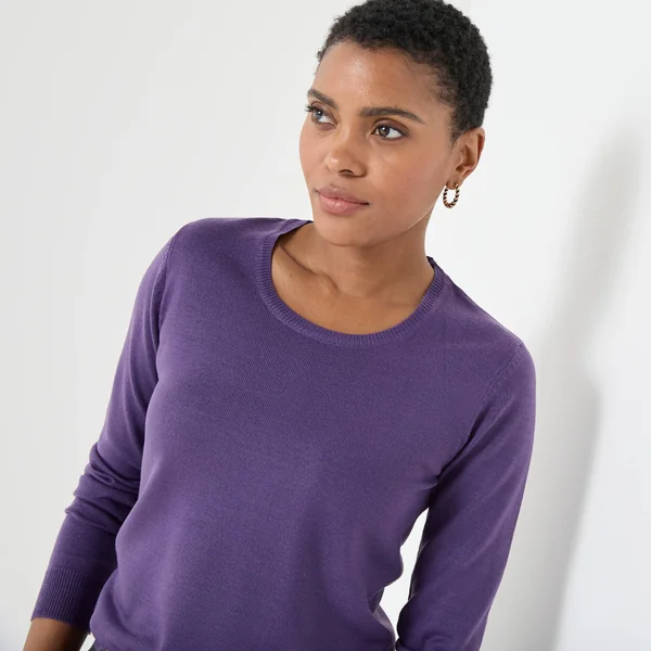 Pull col rond uni, manches longues, toucher doux, aubergine