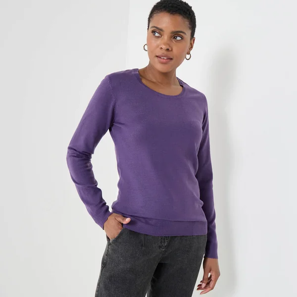 Pull col rond uni, manches longues, toucher doux, aubergine