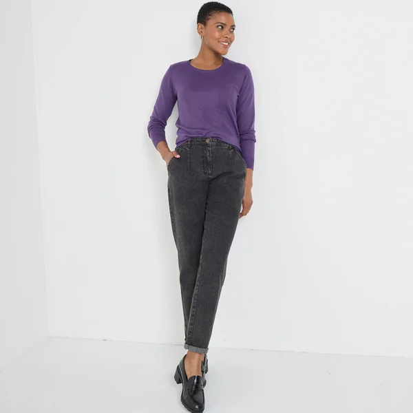 Pull col rond uni, manches longues, toucher doux, aubergine