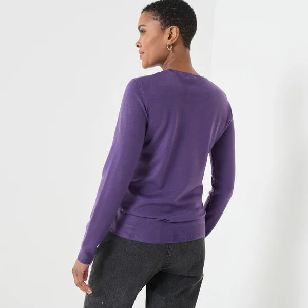 Pull col rond uni, manches longues, toucher doux, aubergine
