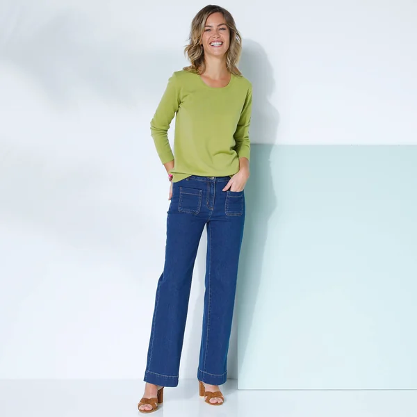 Pull col rond uni, manches longues, toucher doux, vert mousse