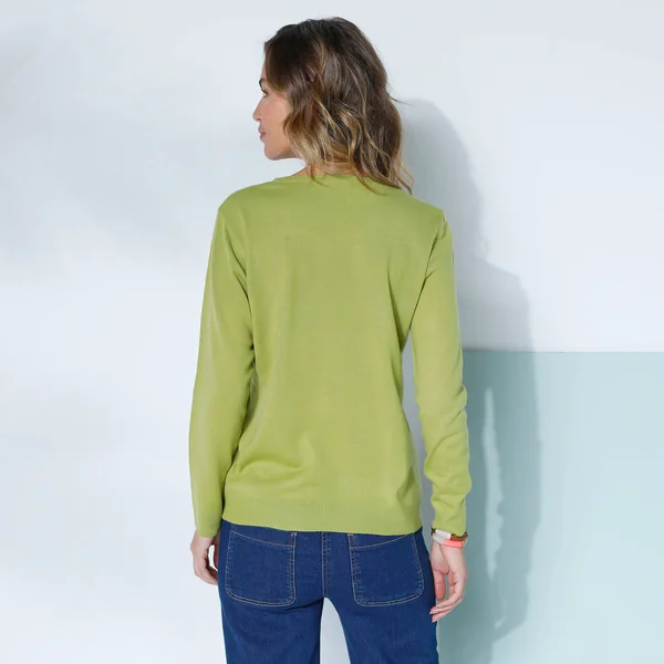 Pull col rond uni, manches longues, toucher doux, vert mousse