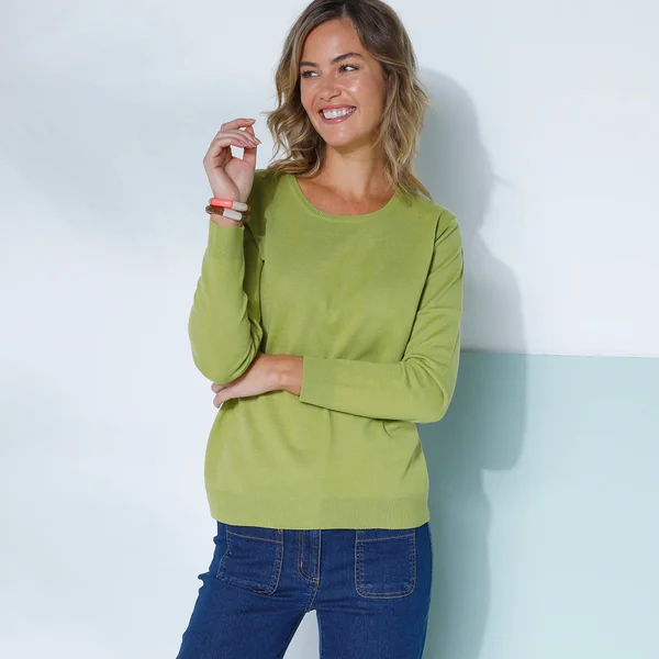 Pull col rond uni, manches longues, toucher doux, vert mousse