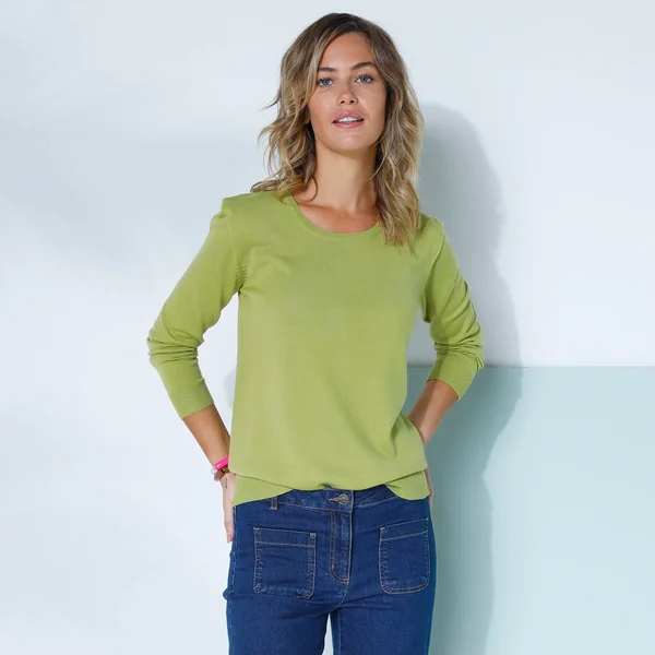 Pull col rond uni, manches longues, toucher doux, vert mousse
