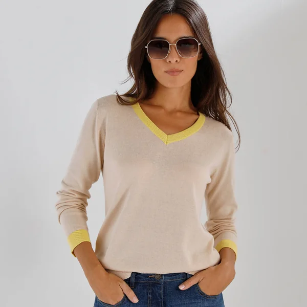 Pull col V bicolore, beige / jaune