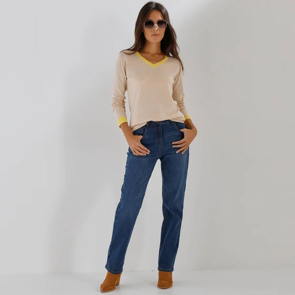 Pull col V bicolore, beige / jaune