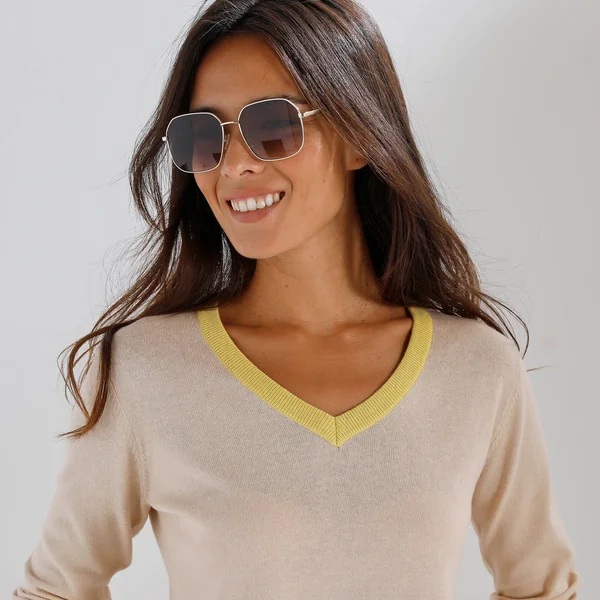 Pull col V bicolore, beige / jaune