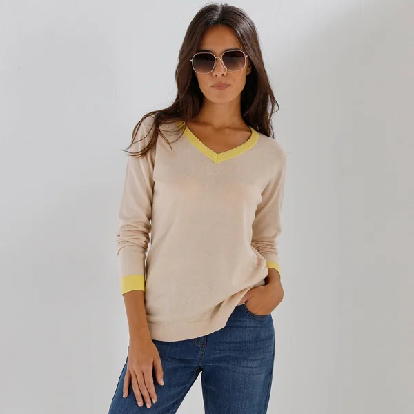 Pull col V bicolore, beige / jaune