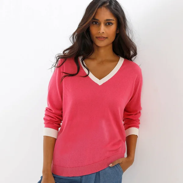 Pull col V bicolore, rose / écru