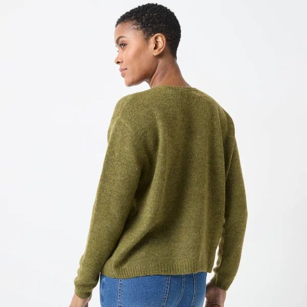 Pull col V manches longues, laine et mohair mélangés, vert mousse