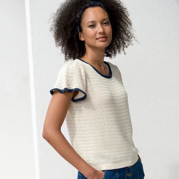 Pull manches courtes, maille fantaisie, écru / marine