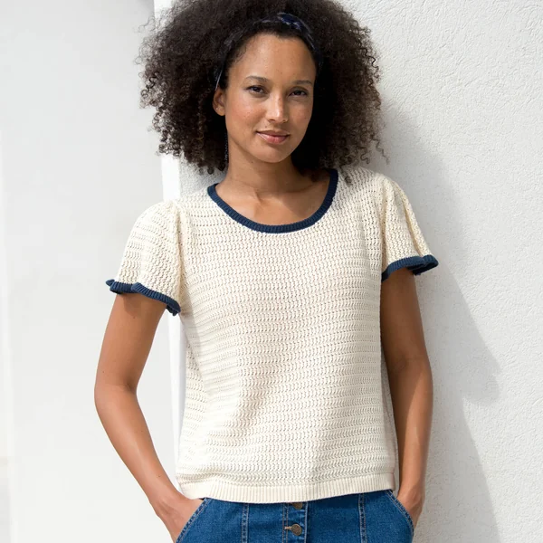 Pull manches courtes, maille fantaisie, écru / marine