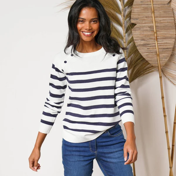 Pull marinière manches longues rayé, écru / marine