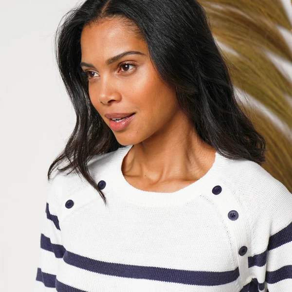 Pull marinière manches longues rayé, écru / marine