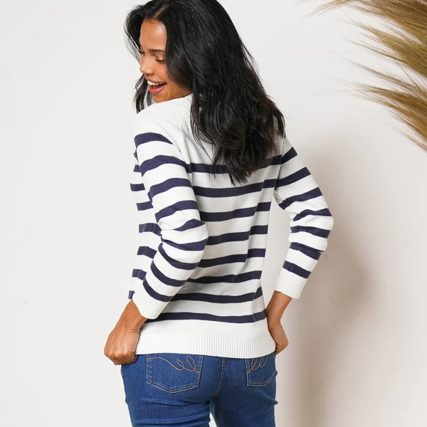 Pull marinière manches longues rayé, écru / marine