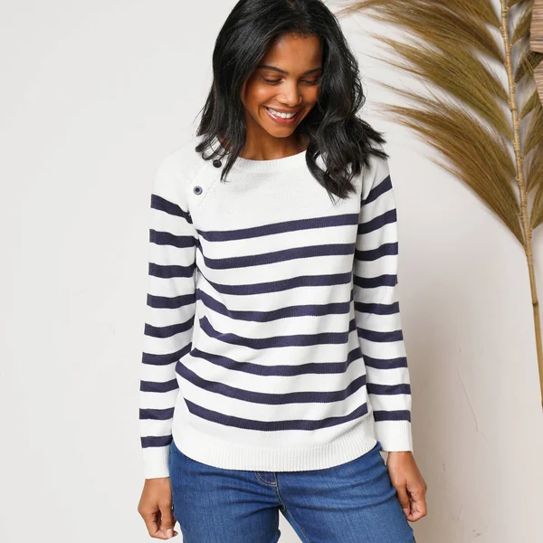 Pull marinière manches longues rayé, écru / marine
