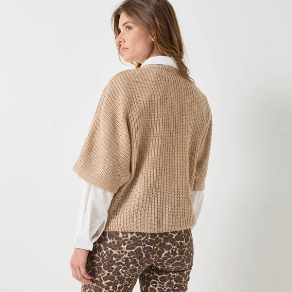 Pull poncho manches coudes, maille anglaise et torsades, beige chiné