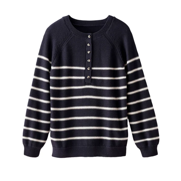 Pull rayé col tunisien boutonné, marine / écru