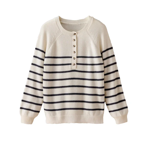 Pull rayé col tunisien boutonné, écru / marine