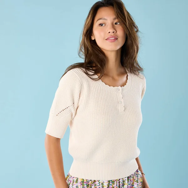 Pull Spécial Petites col rond boutonné, écru