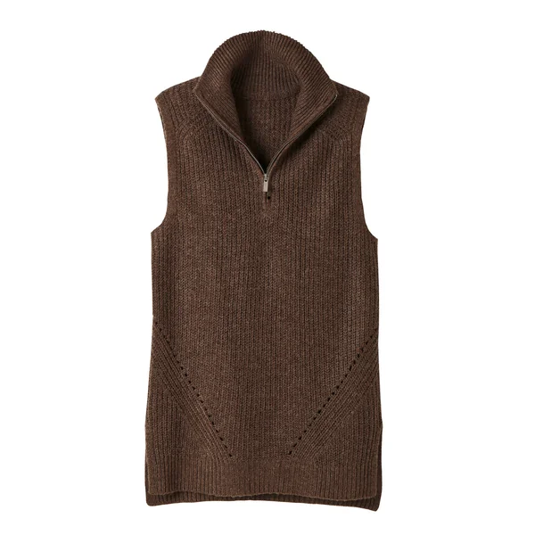 Pull tunique en côte sans manches, col montant zippé, chocolat