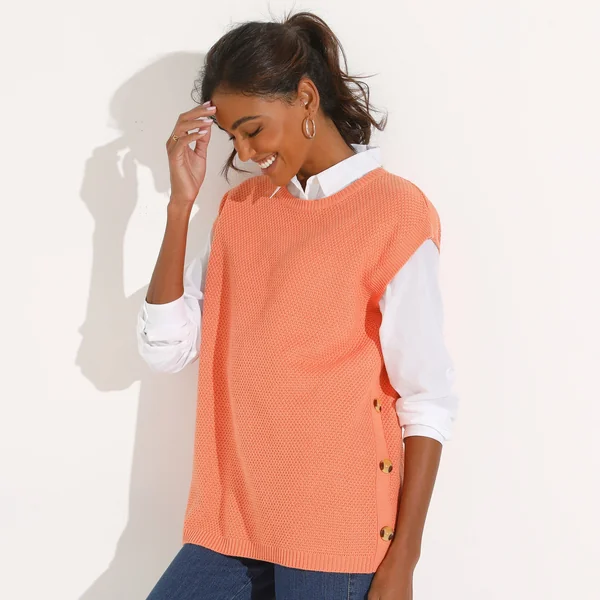 Pull-tunique sans manches à boutons effet corne, maille fantaisie, abricot