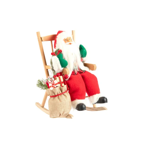 Père Noël avec habit vert et rouge assis sur rocking chair - 30 cm