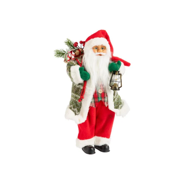 Père Noël à tartan vert et rouge avec hotte et lanterne - 46 cm
