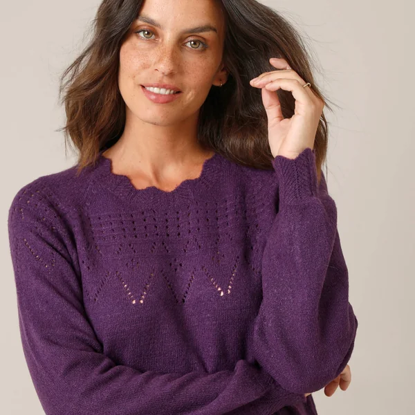 Robe pull finition écailles, maille fantaisie, prune