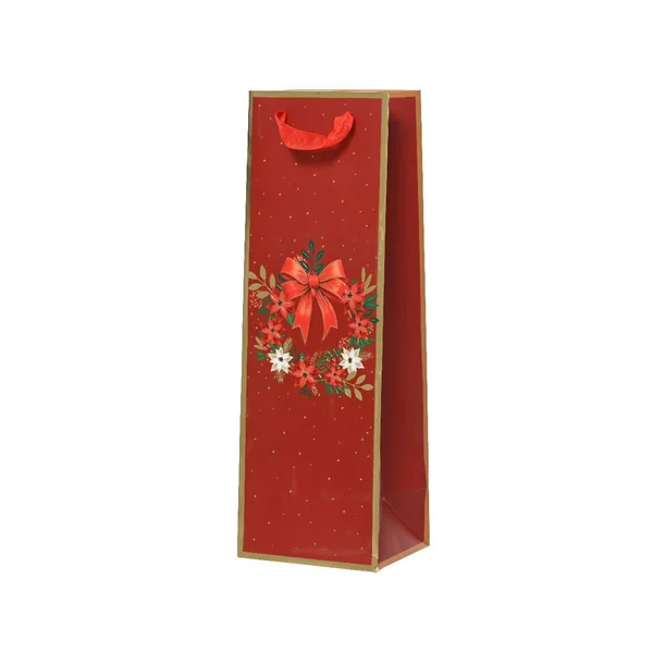 Sac cadeau pour bouteille en papier métallisé rouge décor couronne et nœud - 10 x 12 x 36 cm