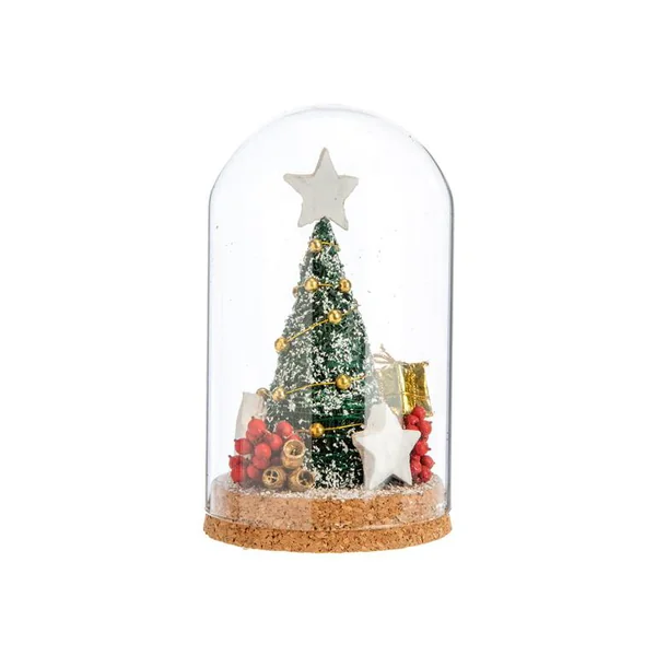 Sapin de Noël décoré vert, or, rouge sous cloche à poser - 25 cm