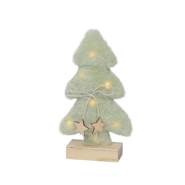 Sapin en fourrure vert clair à micro LED blanc chaud sur socle en bois - 5 x 14 x 24,5 cm