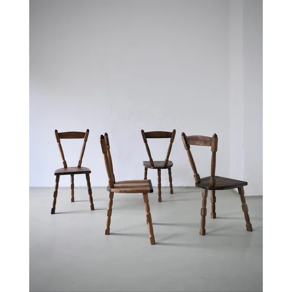 Set of 4 Brutalist Sculptural Tripod Dining Chairs, 1970s