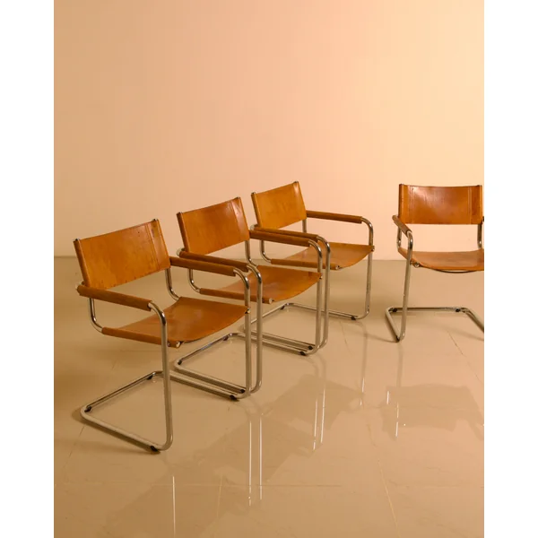 Set of 4 Italian "Cantilever" Leather Chairs by Marcel Breuer, 1970s