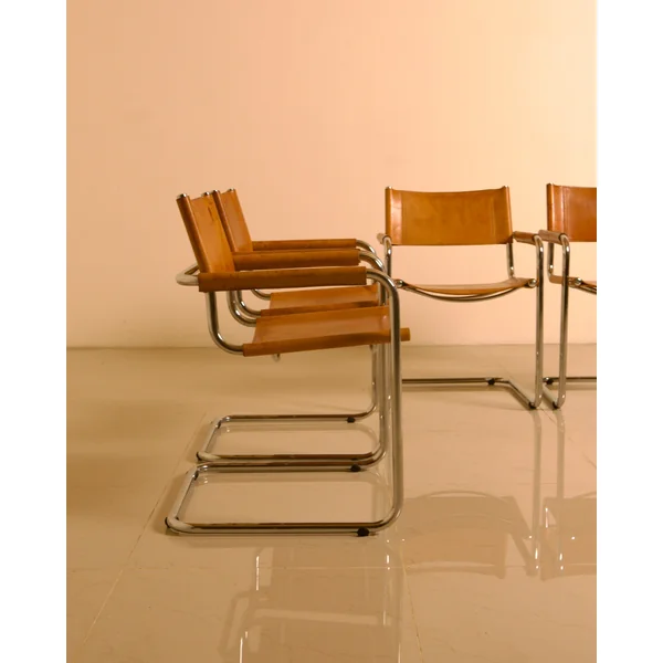 Set of 4 Italian "Cantilever" Leather Chairs by Marcel Breuer, 1970s