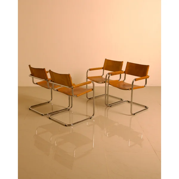 Set of 4 Italian "Cantilever" Leather Chairs by Marcel Breuer, 1970s