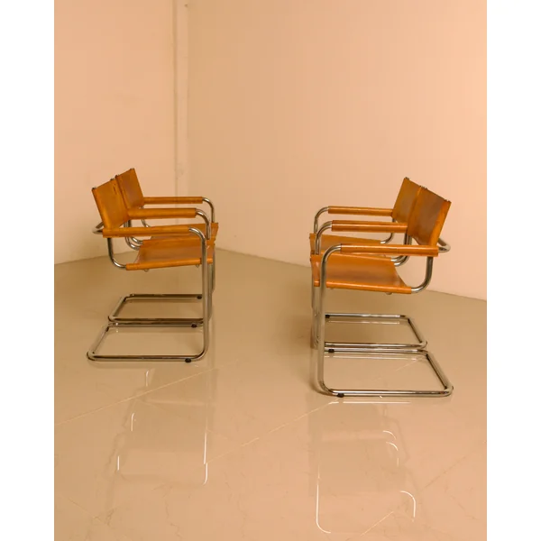 Set of 4 Italian "Cantilever" Leather Chairs by Marcel Breuer, 1970s