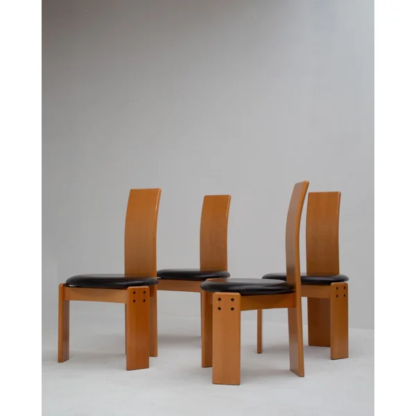 Set of Dining Chairs in Wood and Leather by Mario Marenco for Mobil Girgi