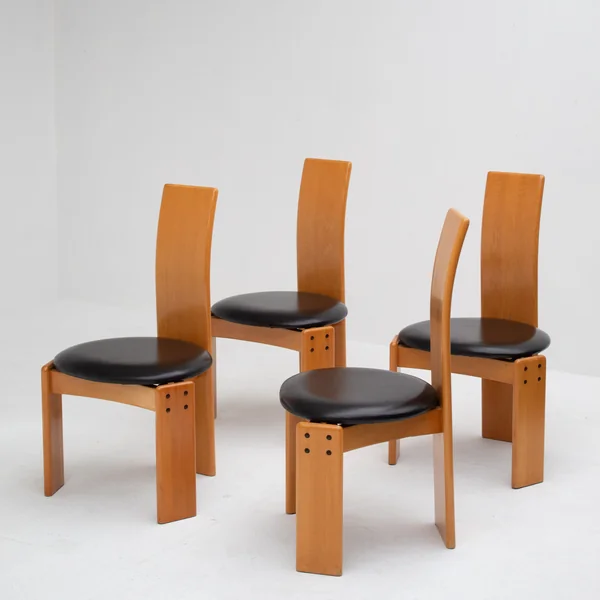 Set of Dining Chairs in Wood and Leather by Mario Marenco for Mobil Girgi