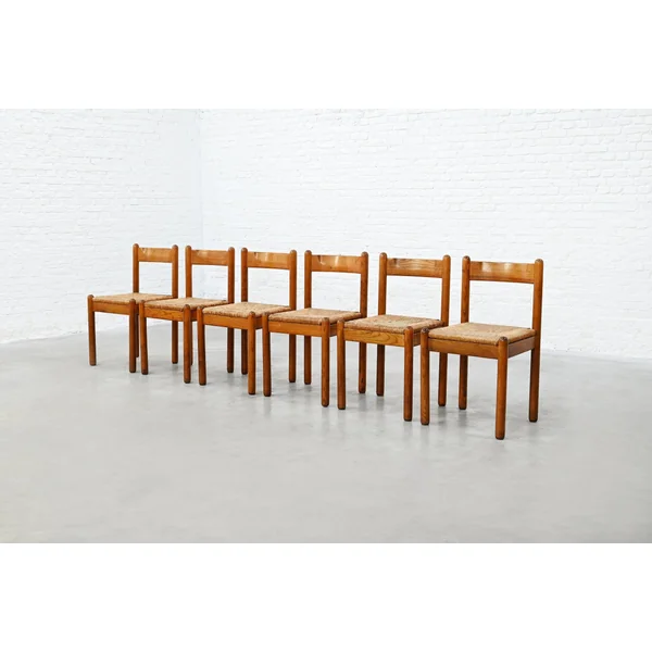 Set of Six French Oak Dining Chairs with Rush Seats, 1970's