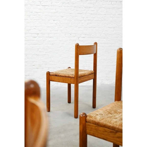 Set of Six French Oak Dining Chairs with Rush Seats, 1970's